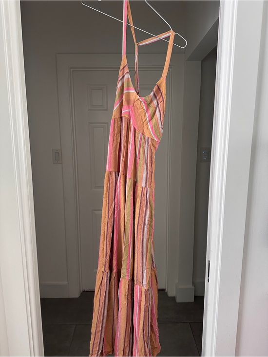 Prana Dresses & Skirts - Prana Striped Pink and Orange Tiered Maxi Dress with Spaghetti Straps